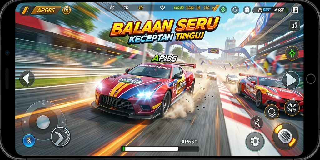 Tampilan gameplay balapan seru di AP686 dengan mobil cepat.