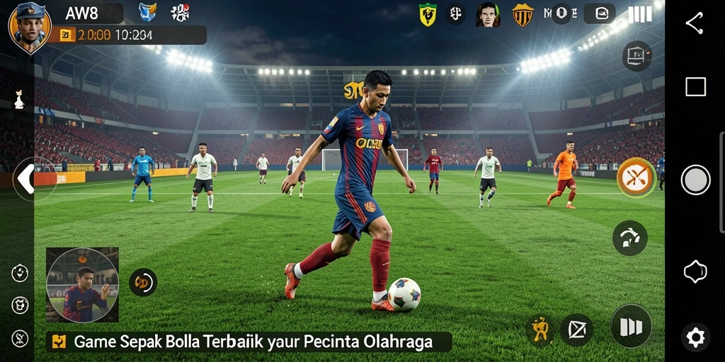 Screenshot gameplay AW8 menampilkan aksi sepak bola yang intens dan menarik.