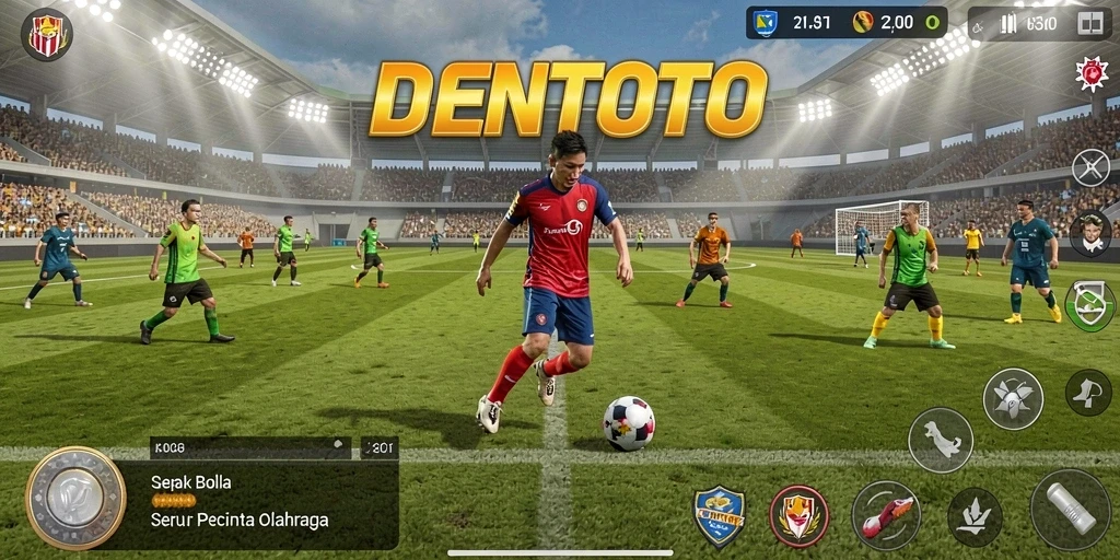 Screenshot gameplay DENTOTO dengan aksi sepak bola yang menegangkan.
