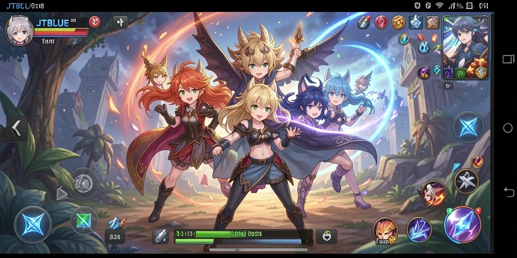 Tampilan screenshot JTBLUE yang menunjukkan pertarungan seru karakter anime.