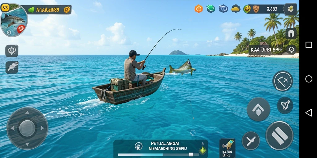 Screenshot dari gameplay KA789 menampilkan aksi memancing di laut yang indah.