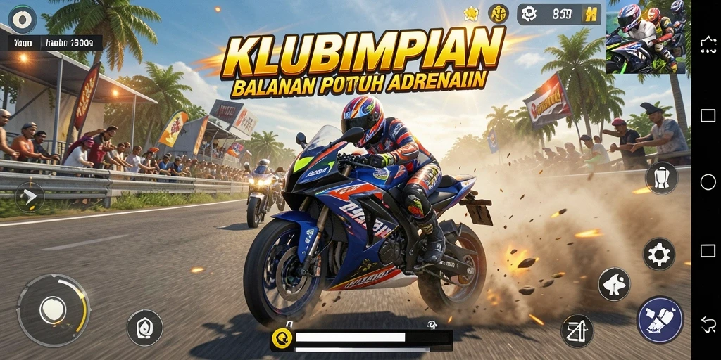 Tampilan gameplay seru di KLUBIMPIAN dengan aksi balapan motor yang mendebarkan.