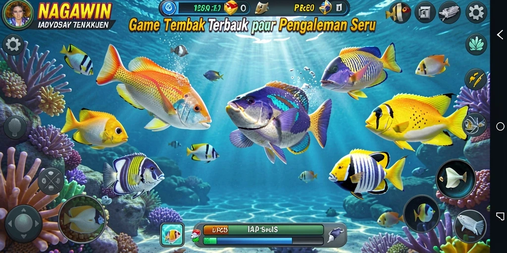 Screenshot gameplay seru dalam NAGAWIN saat menembak ikan.