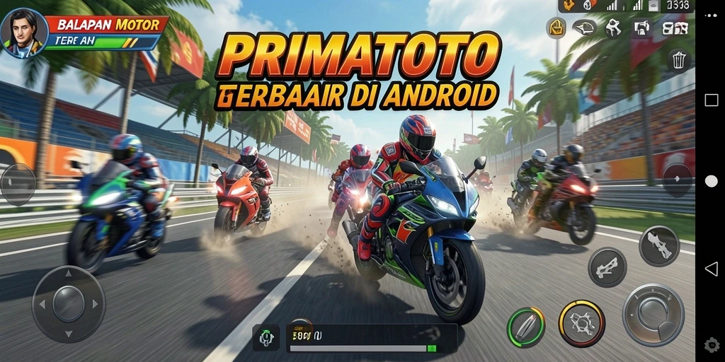 Screenshot gameplay PRIMATOTO menampilkan aksi balapan motor yang mendebarkan.