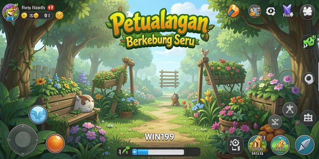 Screenshot gameplay WIN199 menampilkan kebun yang indah dan beragam tanaman.
